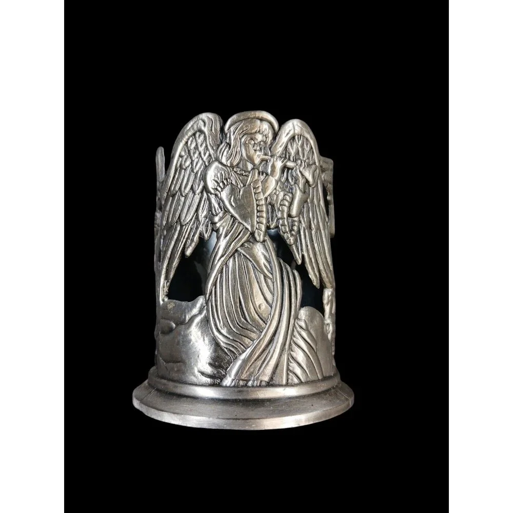 Pewter & Red Glass Votive Candle Holder Angels w/Musical Instruments 3